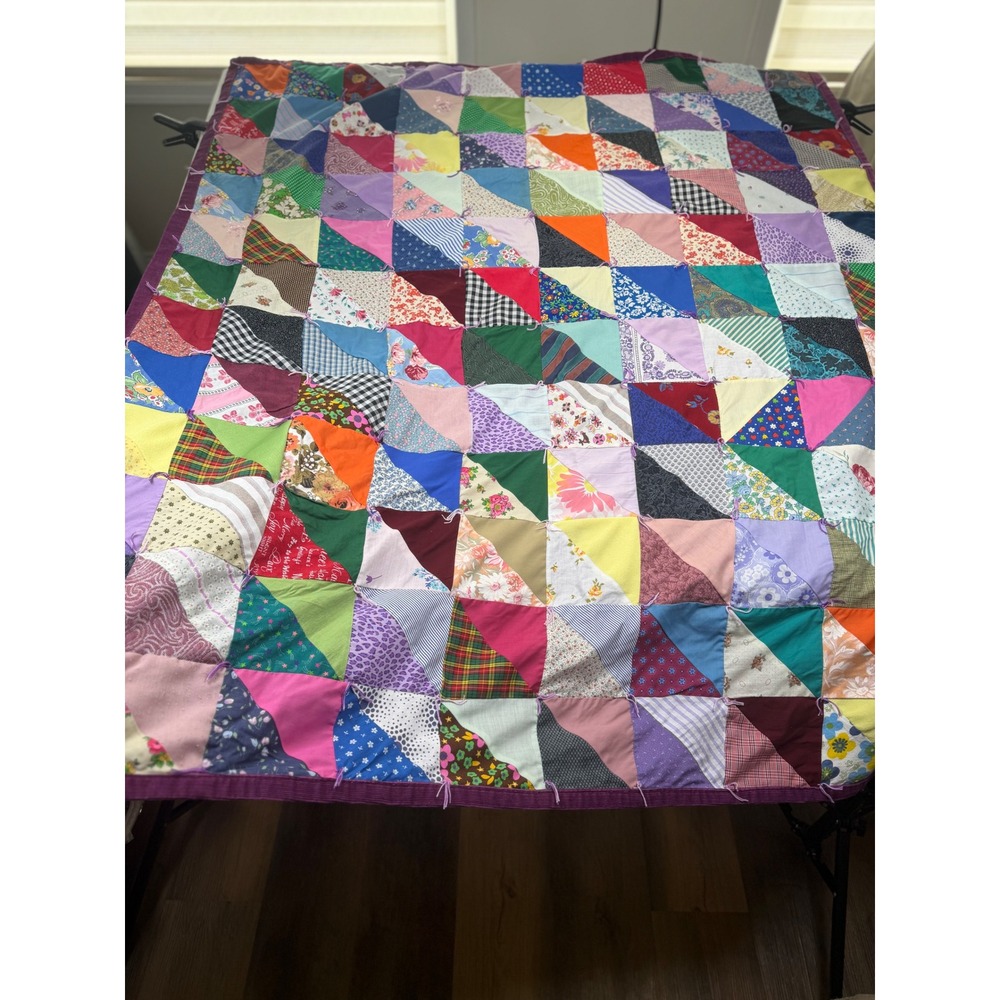 Vintage Handmade Patchwork‎ Quilt Triangle Pattern Corduroy Back 55x48